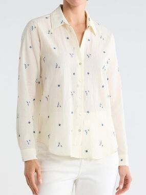 LAGENCE Dani Blouse Ivory Navy Floral Embroidered Crinkle Button Down XS NEW